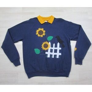 Vintage 90s Cut & Sew Sunflower Sweatshirt (XL) Granny Core Country Collar
